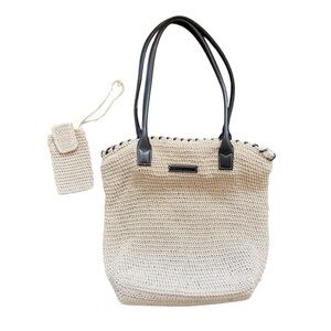 Chic Beige Knit Tote Bag with Black Handles